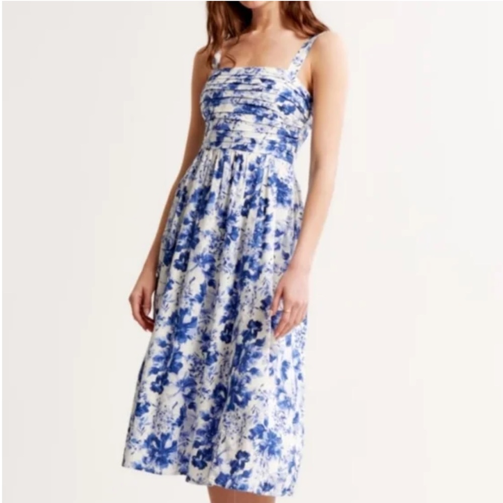 ABERCROMBIE Emerson Linen Floral Midi Dress Blue and White M 🍋